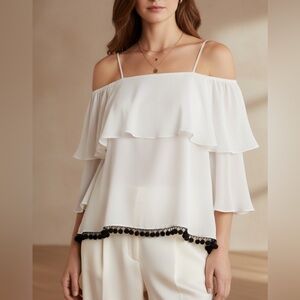 ALICE + OLIVIA $190 Meagan Off-the-Shoulder Pompom-Trim Top. Size S